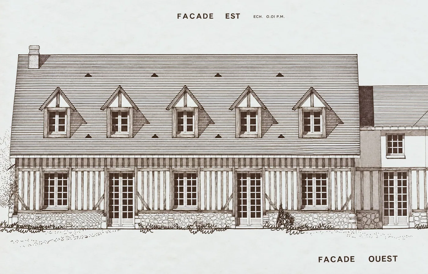 Élévation à l’encre du Petit Prieuré : façade est.