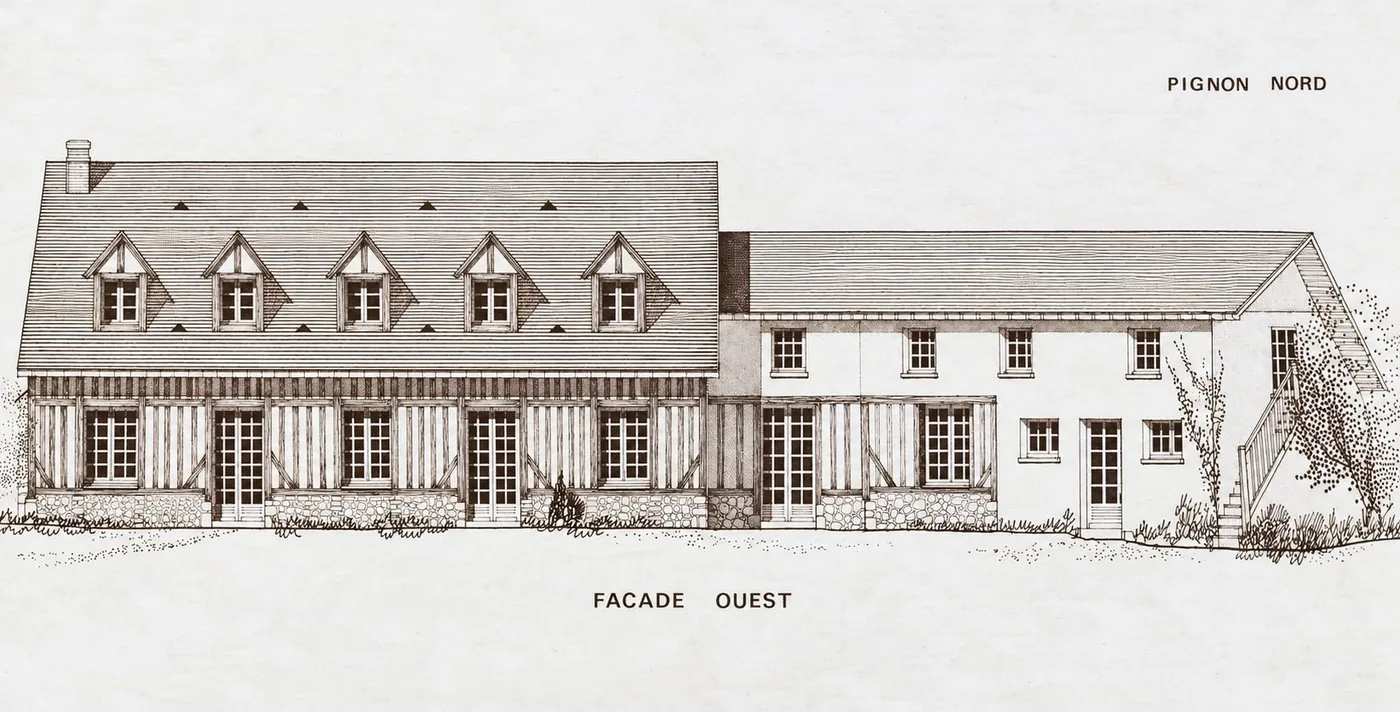 Élévation à l’encre du Petit Prieuré : façade ouest et pignon nord.